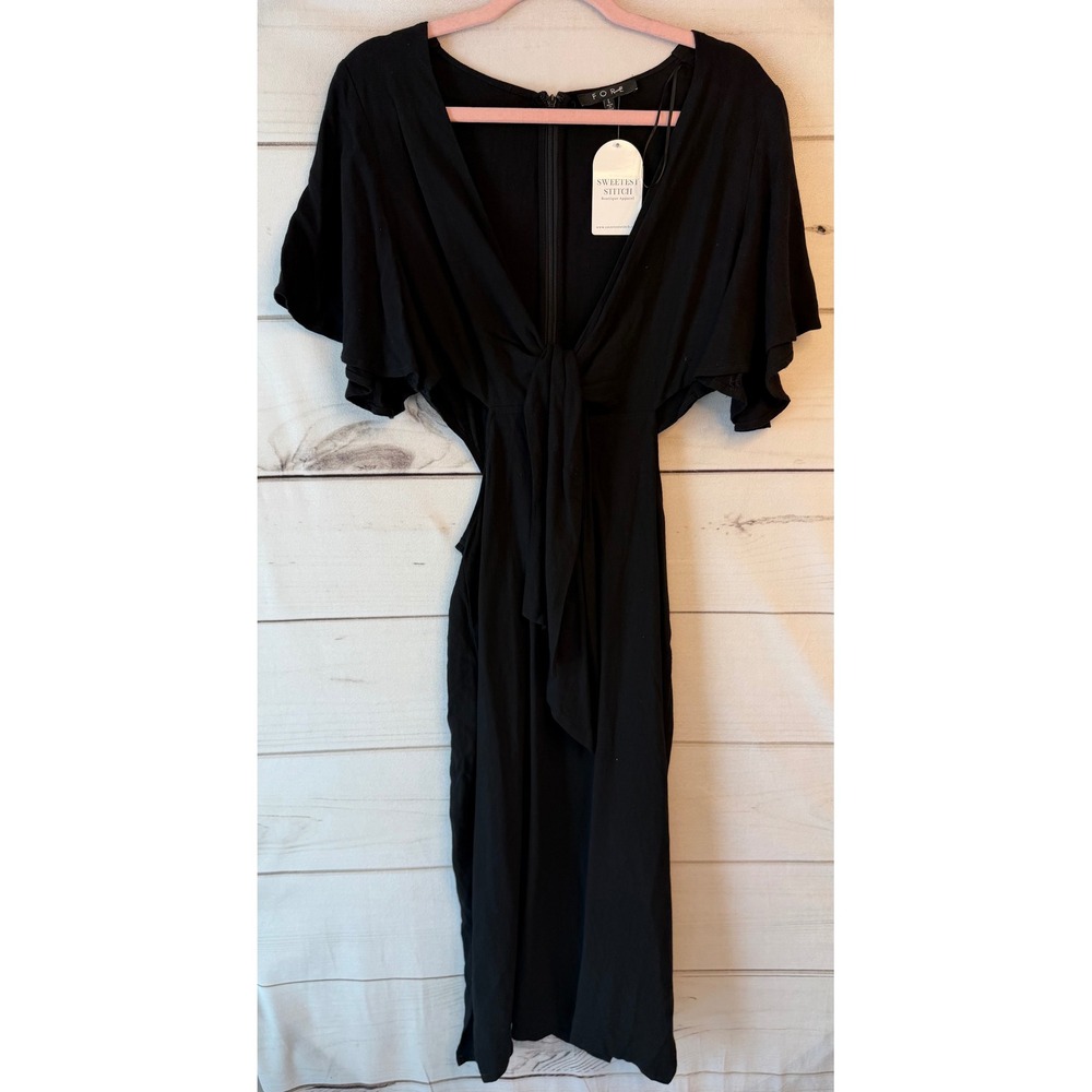 Fore Happily Ever After Midi Dress Black Flutter Sleeve Cutout Linen Blend L